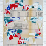Collage with different paper painted & screenprinted on an old architecture plan from 1983